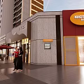 Lively Modern Commercial Street with Shops Pedestrians Trees and High rise Buildings