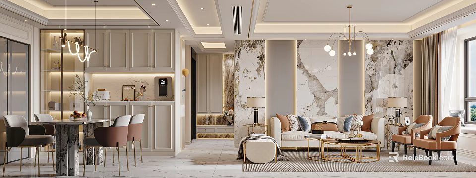 Elegant Modern Dining and Living Room Interior With Marble Wall Chandelier and Sofa 3d model 