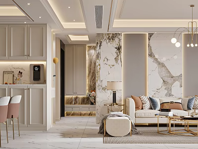 Elegant Modern Dining and Living Room Interior With Marble Wall Chandelier and Sofa 3d model