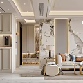 Elegant Modern Dining and Living Room Interior With Marble Wall Chandelier and Sofa