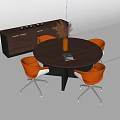 Modern Round Wooden Dining Table Set with Orange Chairs and Cabinet Decorated with Dried Plants