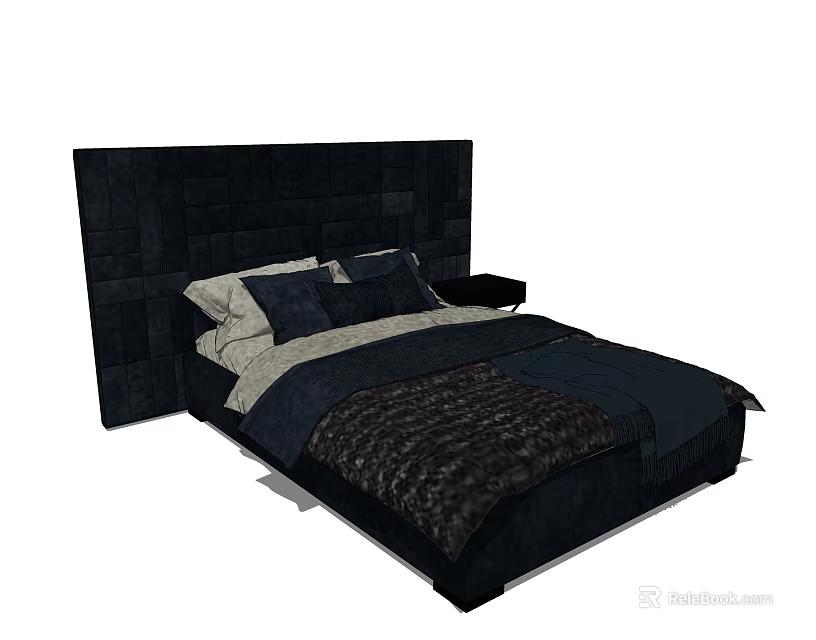 Dark Upholstered Headboard Double Bed With Soft Bed Linens And Nightstand 3d model