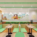 Modern Restaurant Interior With Green Chairs Wooden Tables White Pendant Lights And Glass Partitions