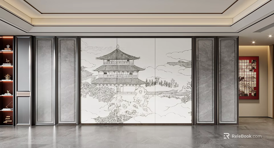 Modern Luxury Sofa Background Wall Design With Elegant Mural And Soft Lighting 3d model