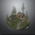 Rustic Red Wooden House With Shed Pine Trees And Wood Logs In Natural Setting