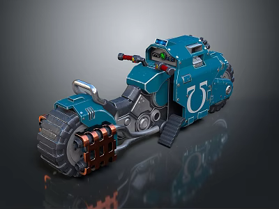 Blue Armored Motorcycle With Track Wheels Number 75 And Mechanical Details 3d model