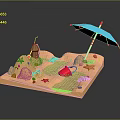 Scenic Beach Scene With Sand Castle Blue Umbrella Small Pond Starfish And Seashells
