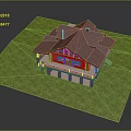 Log Cabin Exterior Design With Red Roof Green Grass Chimney And Wooden Structure