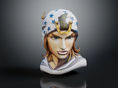 3D Female Portrait Sculpture With Star Pattern Headscarf Horseshoe Ornament Wolf Design And Dark Background 3d model