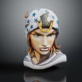 3D Female Portrait Sculpture With Star Pattern Headscarf Horseshoe Ornament Wolf Design And Dark Background