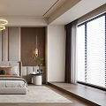 Modern Bedroom Double Bed With Gray Upholstered Bedhead Wall Wooden Slats And Circular Pendant Lights
