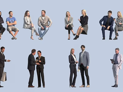 Group of People in Diverse Attire Interacting Standing and Sitting in Professional and Casual Settings 3d model