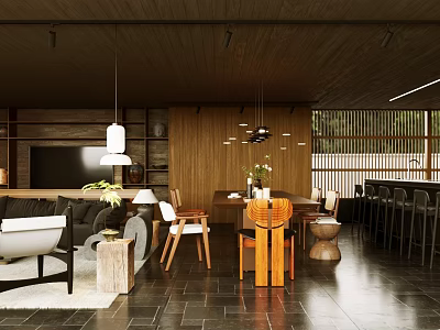 Contemporary Living and Dining Room Interior With Wooden Ceiling Pendant Lights And Black Floor Tiles 3d model