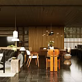 Contemporary Living and Dining Room Interior With Wooden Ceiling Pendant Lights And Black Floor Tiles