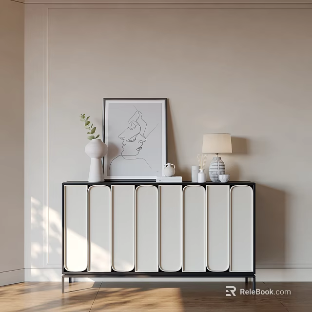 Black White Entryway Cabinet Sideboard with Curved Door Panels Vase Green Plant Artwork Table Lamp 3d model 