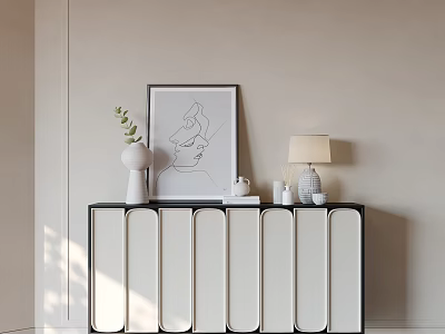 Black White Entryway Cabinet Sideboard with Curved Door Panels Vase Green Plant Artwork Table Lamp 3d model