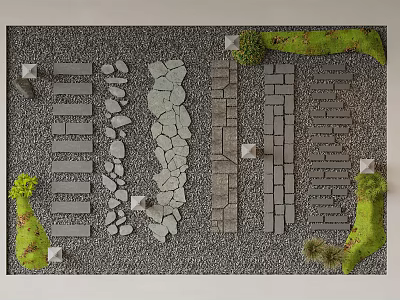 Various Stepping Stones Design With Different Shaped Stones And Small Green Plants On Gravel Background 3d model
