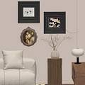 Stylish Living Space With Framed Wall Art Beige Sofa Wooden Stand Vase And Table Lamp