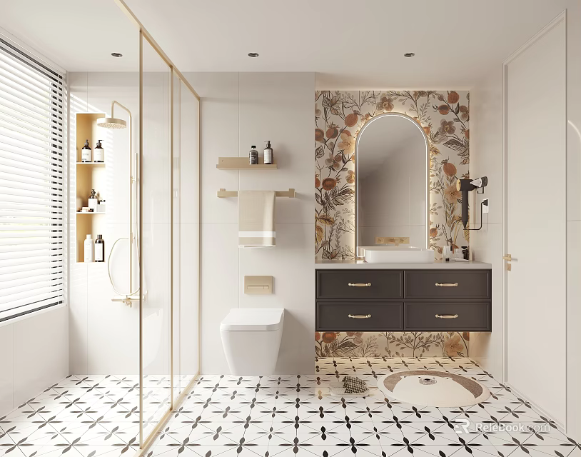 Modern Bathroom Interior with Arch Mirror Dark Vanity and Patterned Tiled Floor Design 3d model 