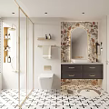 Modern Bathroom Interior with Arch Mirror Dark Vanity and Patterned Tiled Floor Design