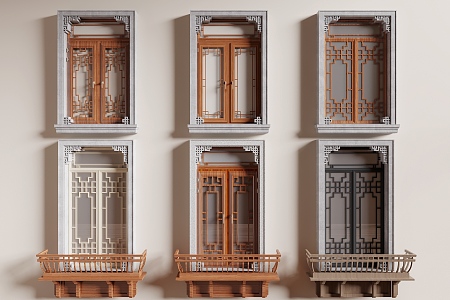 New Chinese style window combination casement window carved window 3d model