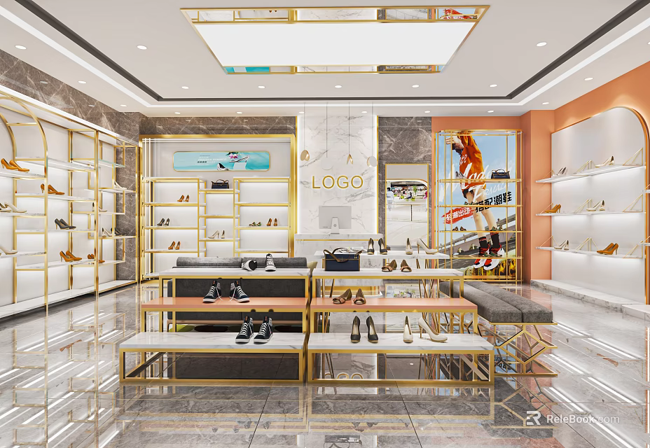 Modern Shoe Store Interior With Golden Frame Display Shelves And Marble Walls 3d model 