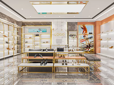 Modern Shoe Store Interior With Golden Frame Display Shelves And Marble Walls 3d model