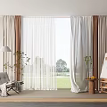 White Sheer and Beige Curtains in Floor to Ceiling Window Room with Green Lawn View