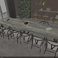Long Wooden Table And Chairs Set With Scenic Window View Green Plant Wall And Bookshelf