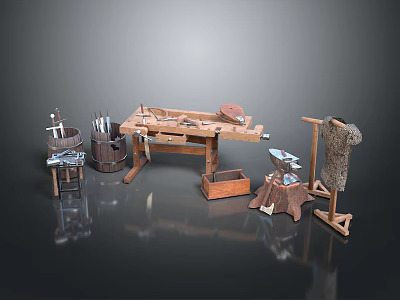 Garden Decorative Pieces With Workbench Wooden Barrel Stool Box Chopping Block And Hanging Garment 3d model