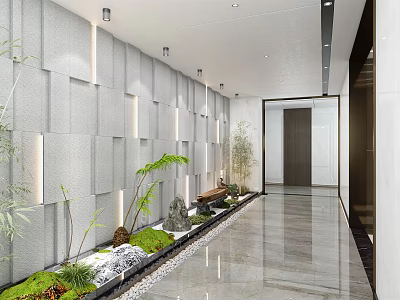 Modern Elevator Hallway With Gray Textured Walls Green Plants And Marble Floor 3d model