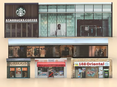 Various Retail Shop Windows Featuring Coffee Shop Bakery Clothing Store and Oriental Retail Displays 3d model