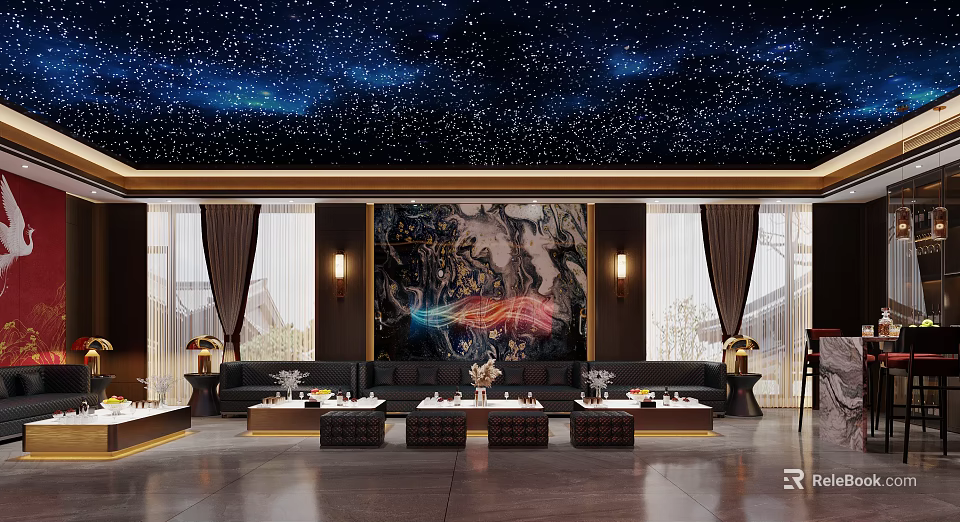 Home Theater Featuring Starry Sky Ceiling And Marble Accent Wall Design 3d model