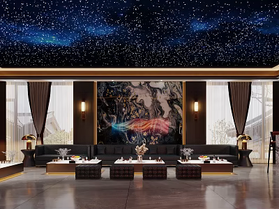 Home Theater Featuring Starry Sky Ceiling And Marble Accent Wall Design 3d model