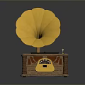 Vintage Phonograph With Yellow Horn Wooden Base And Vinyl Record
