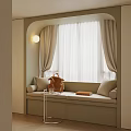 Light Colored Window Seat Cabinet With Curtains Cushions And Small Table