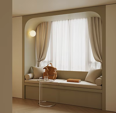 Light Colored Window Seat Cabinet With Curtains Cushions And Small Table 3d model