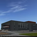 Modern Library Building With Gray Exterior Large Glass Windows And Red Roof