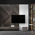 Modern TV Wall Design with Vertical Striped Panel Dark Stand and Decorative Items 3d model