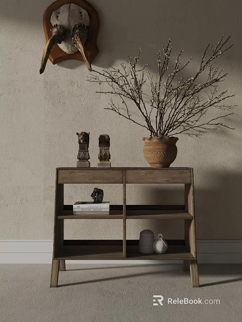 Rustic Shelf with Wooden Carvings Terracotta Pot Twigs Books and Small Decor Items 3d model 