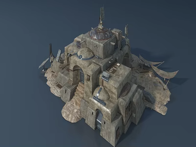 Ancient Stone Castle Fortress 3D Model Featuring Domes Towers Flags And Rough Medieval Fantasy Architecture 3d model