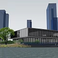 Modern Waterfront Sales Office Building With Urban Skyline And Green Landscaping