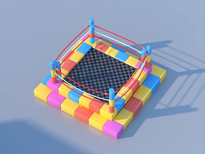 Colorful Block Built Boxing Ring With Red Blue Ropes And Black Checkered Floor 3d model