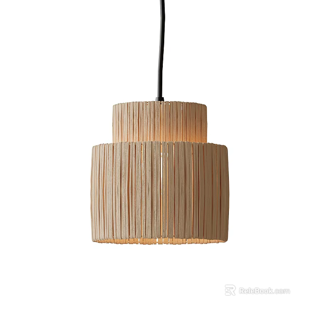 Wooden Two Tiered Cylindrical Pendant Light With Vertical Slats And Warm Glow 3d model 