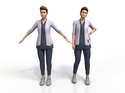 Two Women Standing In Light Purple Cardigans Dark Tops Pants And Gray Boots 3d model