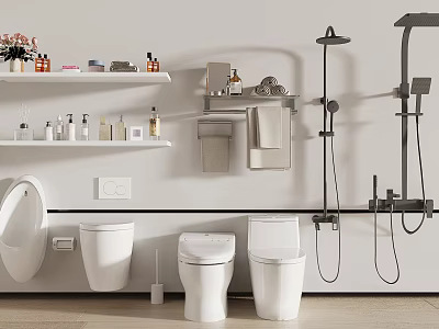 Modern Bathroom With White Toilets Urinal Shelves Towel Racks Toiletries And Shower System 3d model