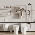 Modern Bathroom With White Toilets Urinal Shelves Towel Racks Toiletries And Shower System
