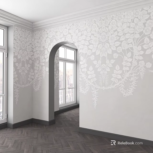 White Floral Patterned Wallpaper With Arched Window And Dark Wooden Floor Interior 3d model 
