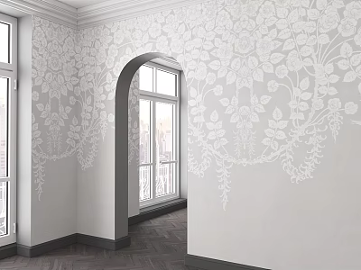 White Floral Patterned Wallpaper With Arched Window And Dark Wooden Floor Interior 3d model