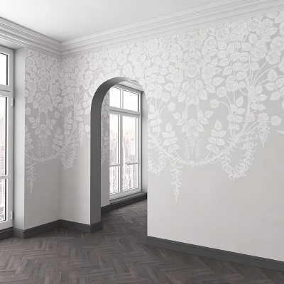 White Floral Patterned Wallpaper With Arched Window And Dark Wooden Floor Interior 3d model